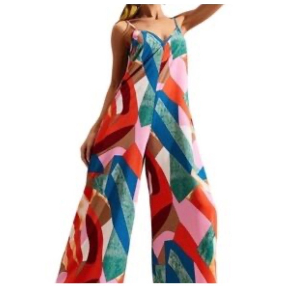 Luukse Geometric Print Jumpsuit Womens XL Multicolor Abstract Wide Leg Boho Art